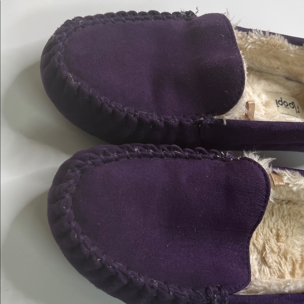 Purple Suede Floopie Moccasins Slippers Sherpa Lined Size 10